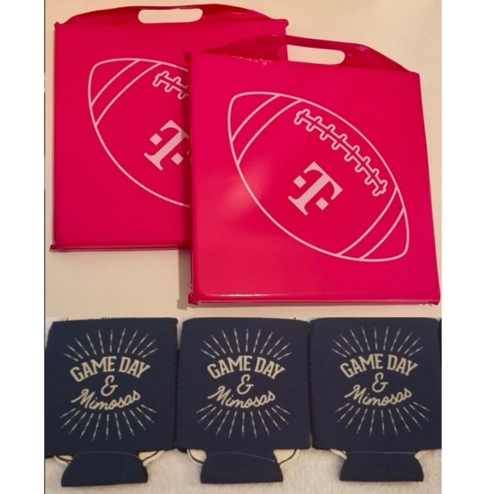 2 Pink seat cushion white football logo & 3 Game Day & Mimosas Beverage Koozies